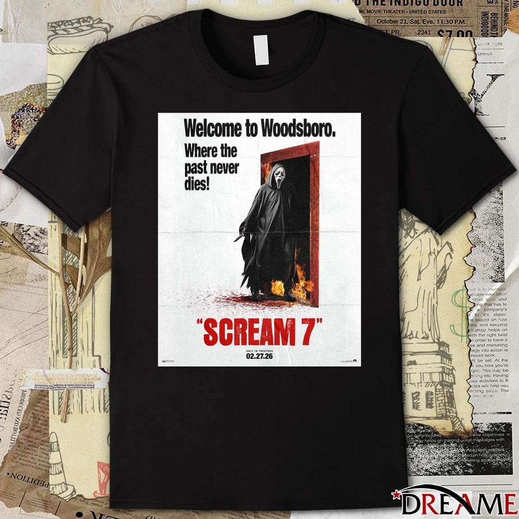 Where To Woodsboro Where The Past Never Dies Scream 7 Only in theatres February 27 2026 Poster t-shirt
