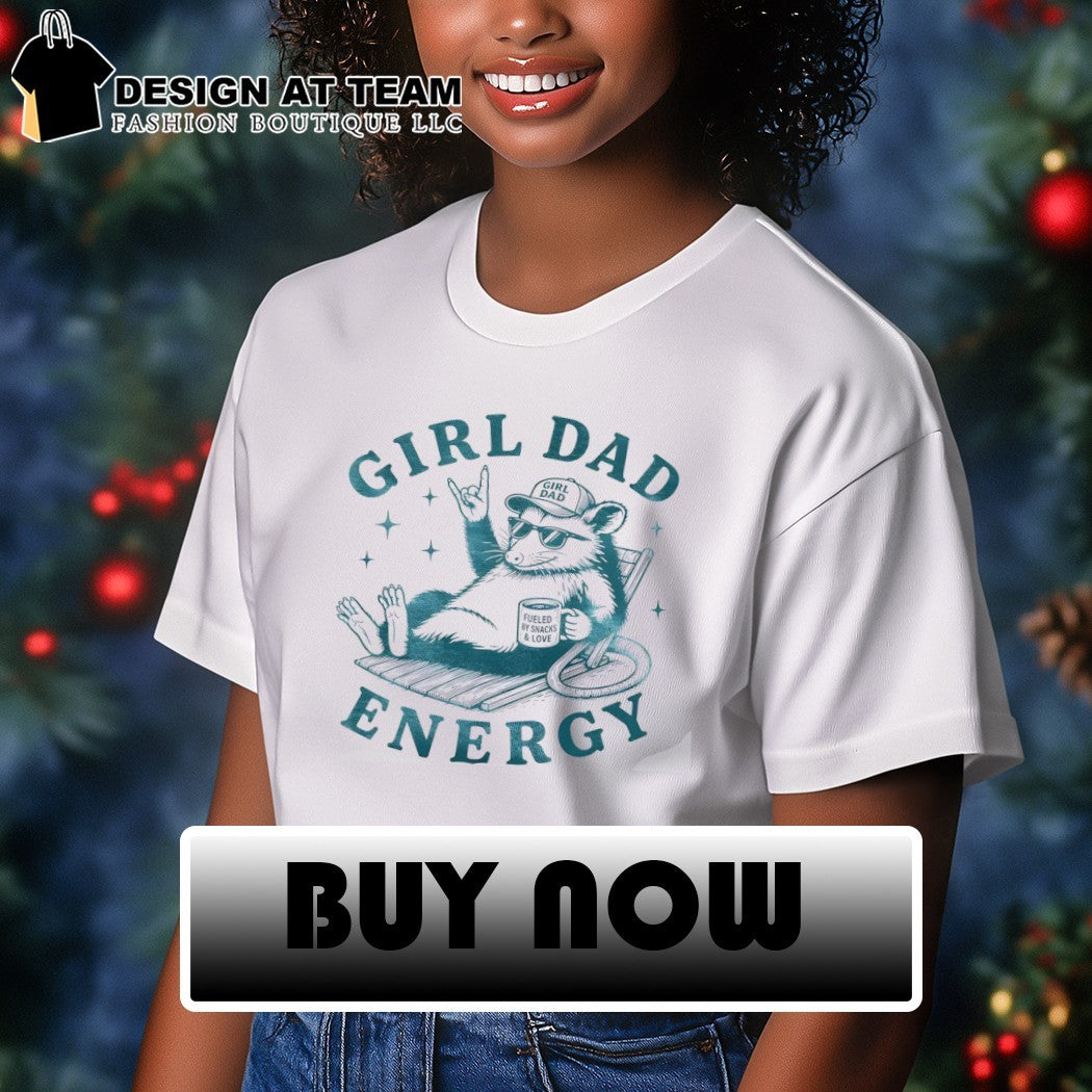 Opossum relaxing in lounge chair wearing cap and sunglasses girl dad energy shirt