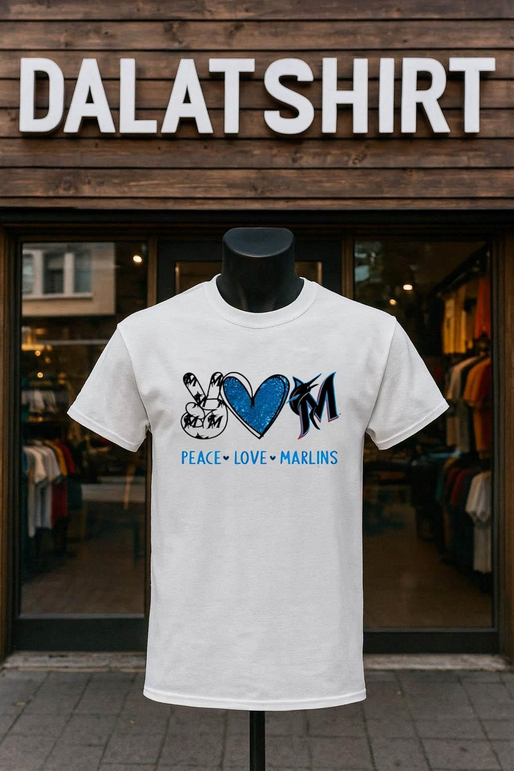 Peace Love Marlins Miami Blue Heart Fish logo shirt