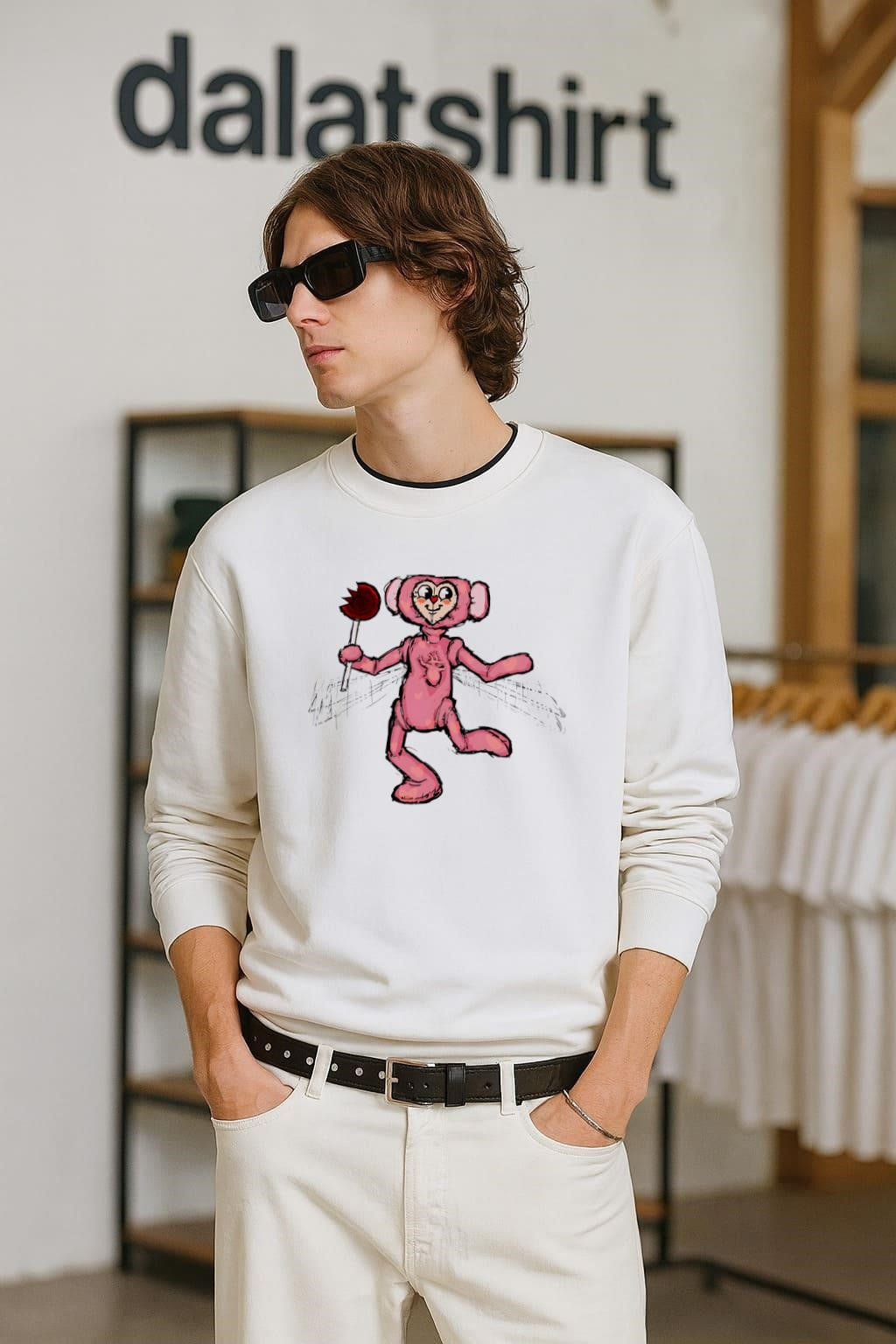 Pink heart face character holding a bitten red lollipop shirt