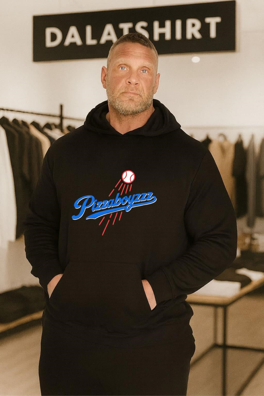 Pizza Boyzzz Blue Script Baseball Logo shirt