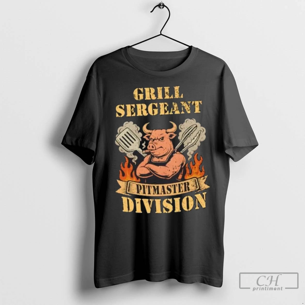 Premium Grill Sergeant Pitmaster Division Chef Fire Cartoon Vintage