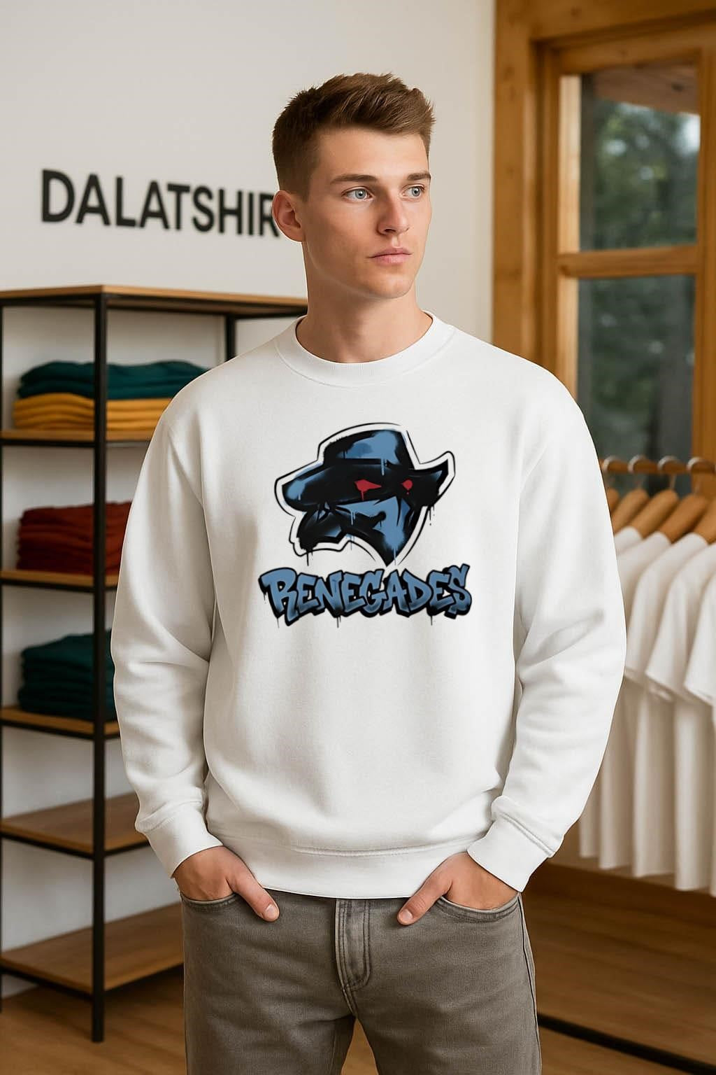 Renegades masked character logo with blue graffiti style shirt