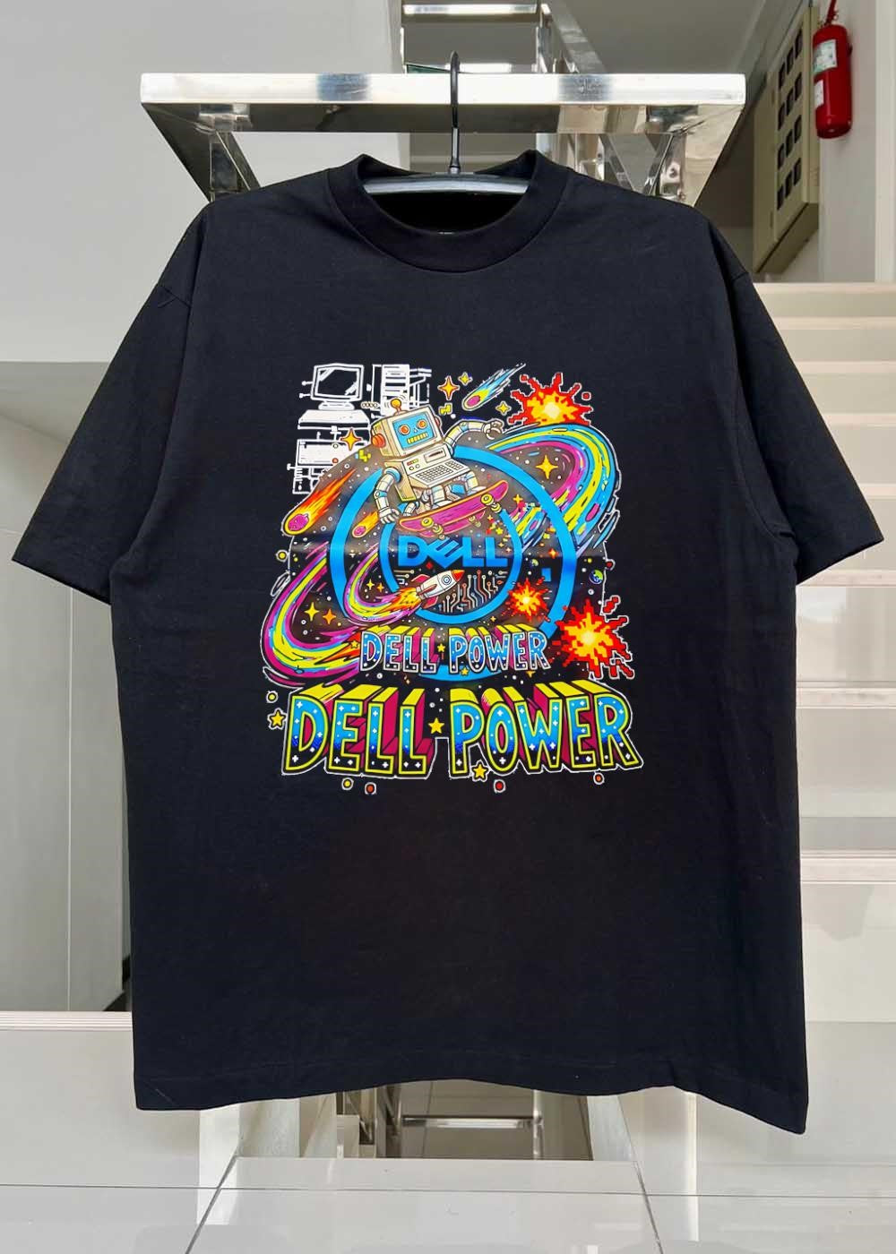 Retro Computer Robot Skateboarding in Space Dell Power T-Shirt