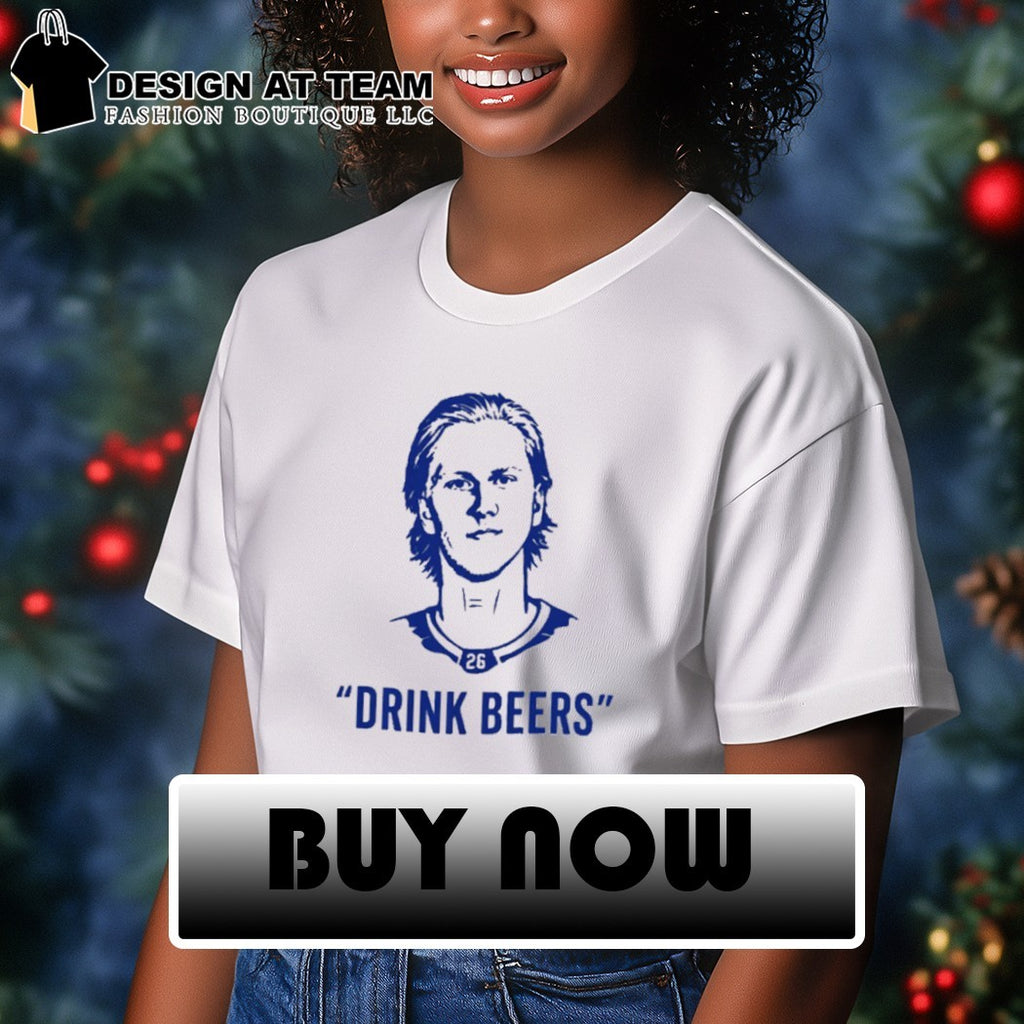 Sam Carrick wearing Rasmus Dahlin drink beers shirt