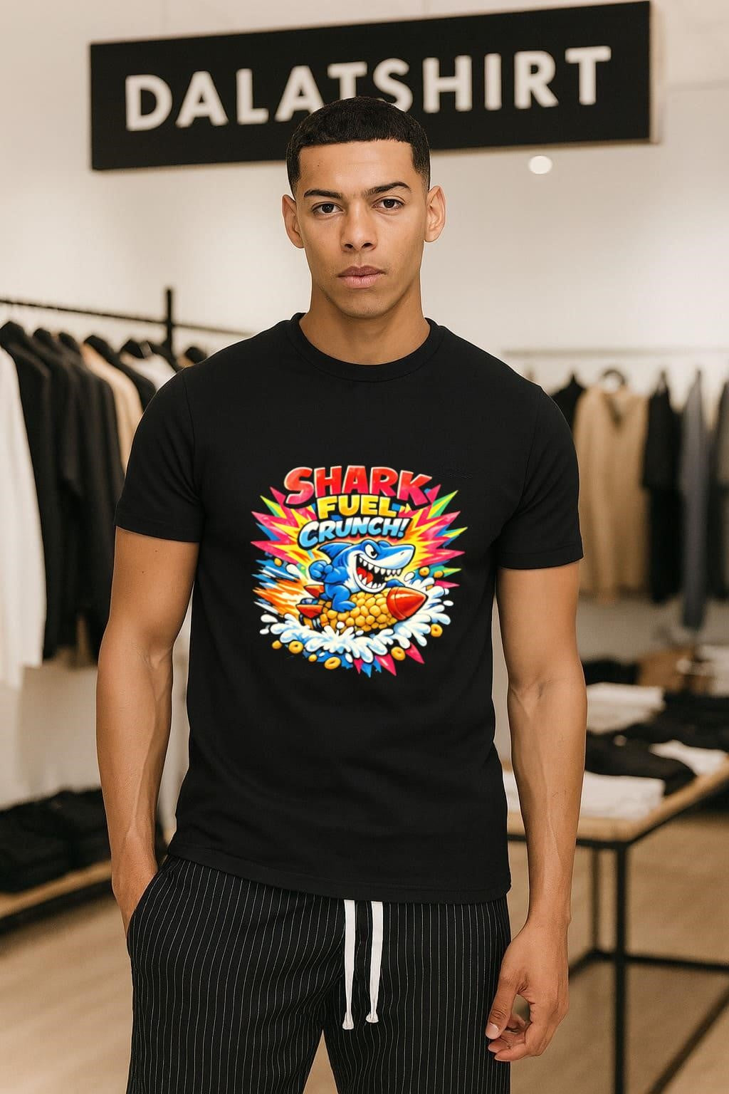 Shark Fuel Crunch blue shark riding a corn rocket shirt