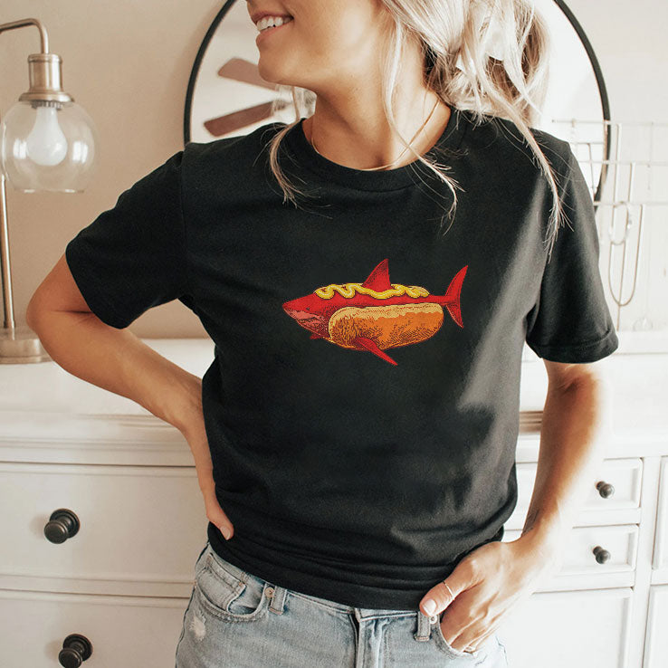Shark Hot Dog Mustard Food Mashup Humor T Shirt