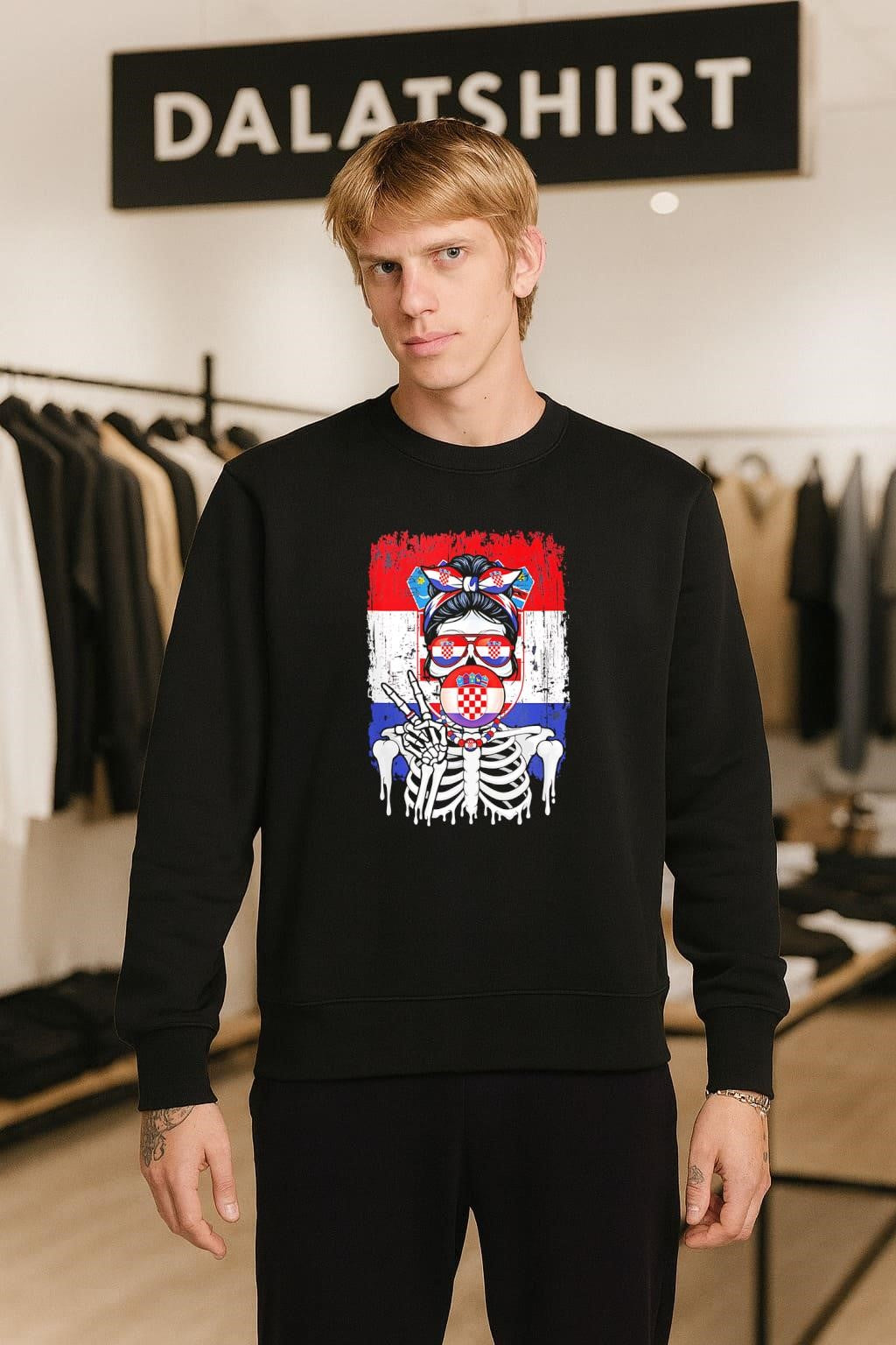 Skeleton Girl Croatia Flag Glasses Peace Sign Bubble Gum shirt