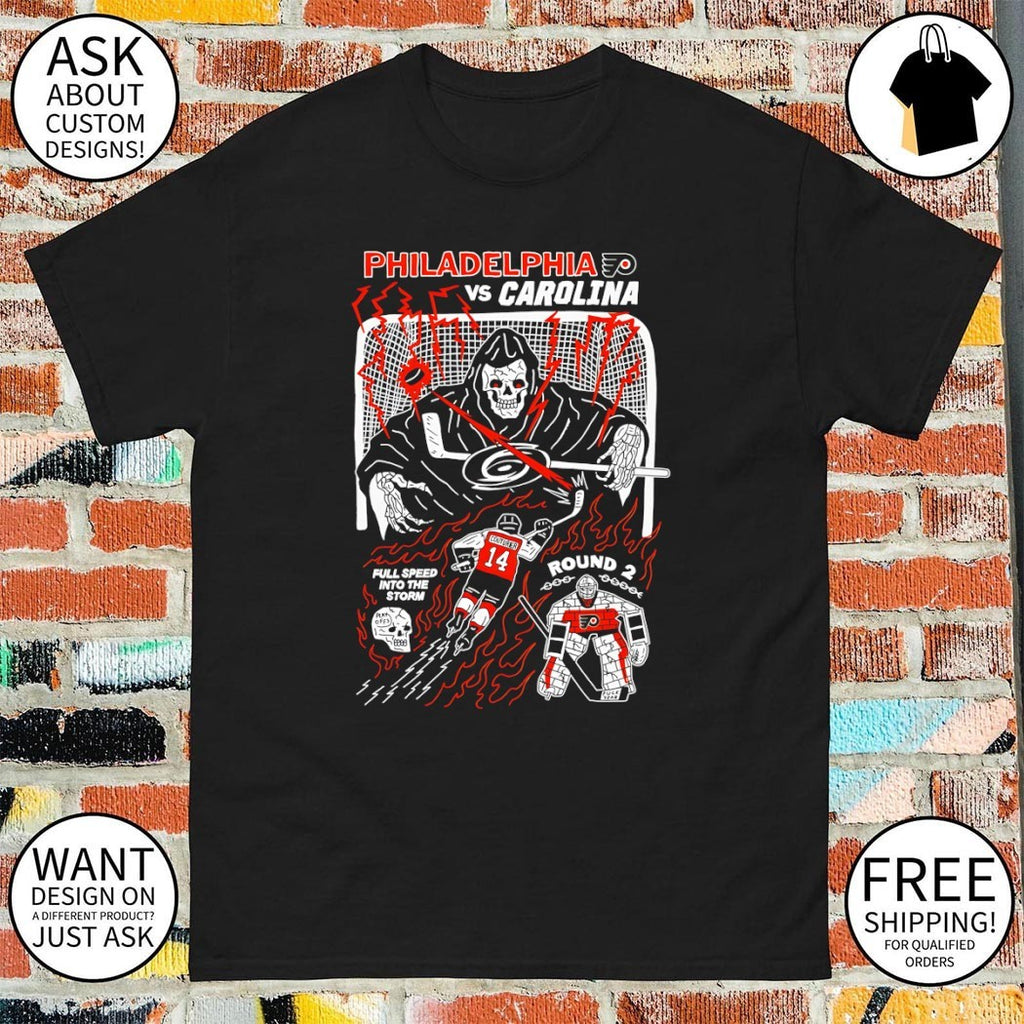 Skeleton Philadelphia Flyers vs Carolina Hurricanes Hockey full speed into the storm shirt