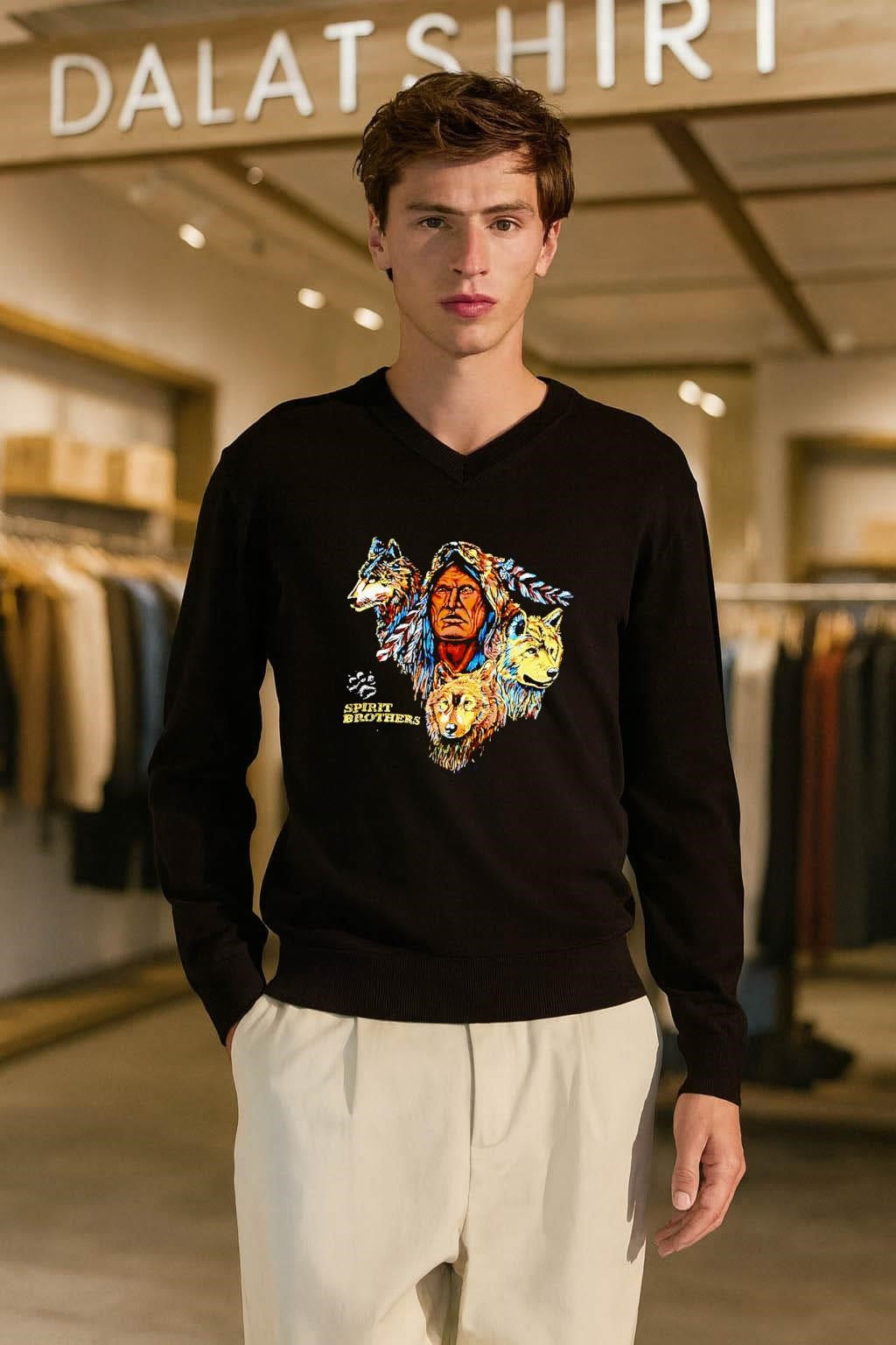 Spirit Brothers Native American Man and Three Wolves shirt