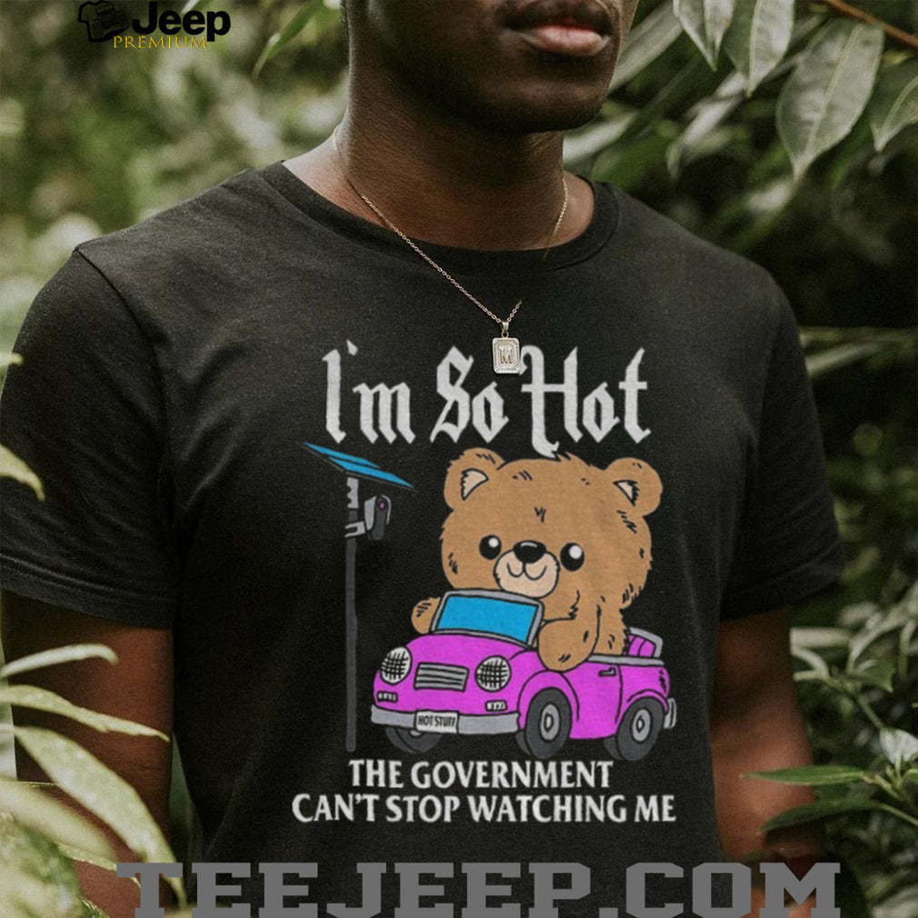 Teddy bear driving pink car with camera sign I’m so hot the government can’t flock camera shirt