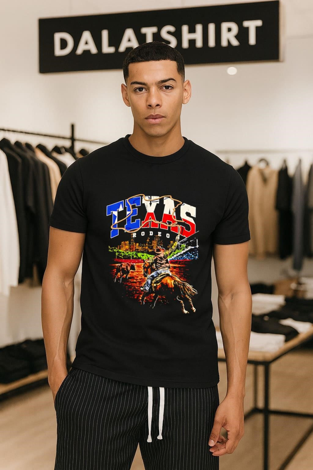Texas Rodeo Cowboy Roping on Horse Houston City Skyline shirt