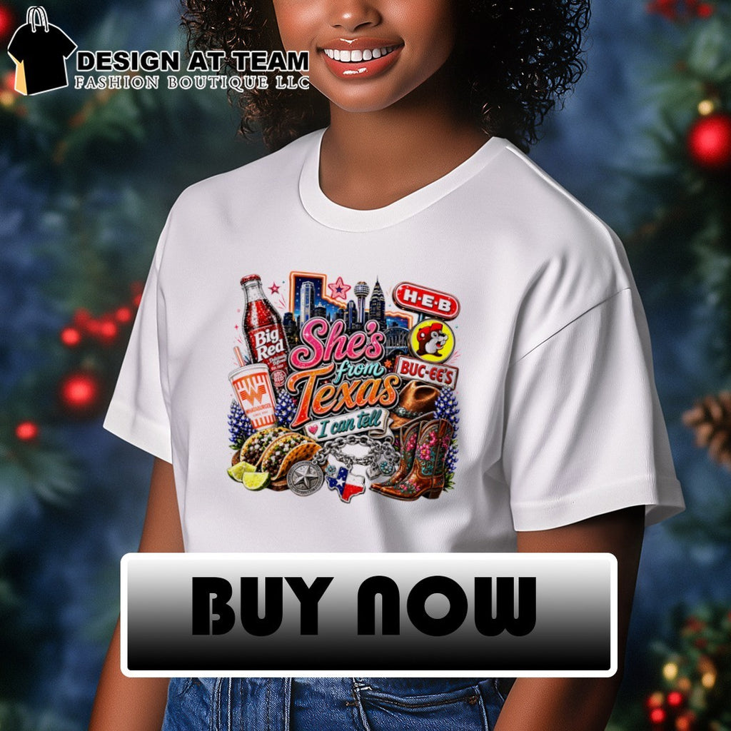 Texas icons Whataburger Big Red Buc-ee’s HEB state charm boots she’s from Texas I can tell text shirt