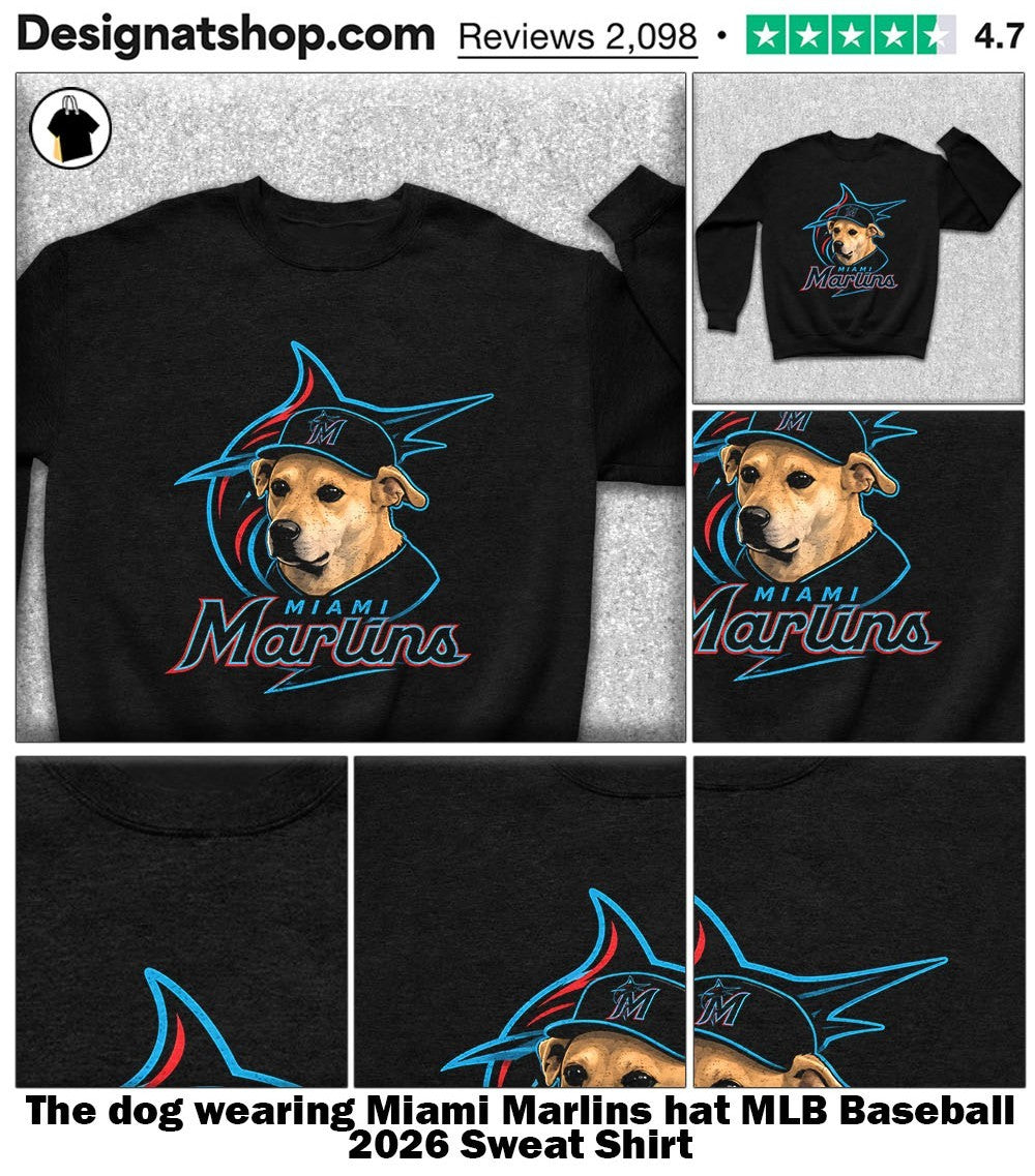 The dog wearing Miami Marlins hat MLB Baseball 2026 shirt