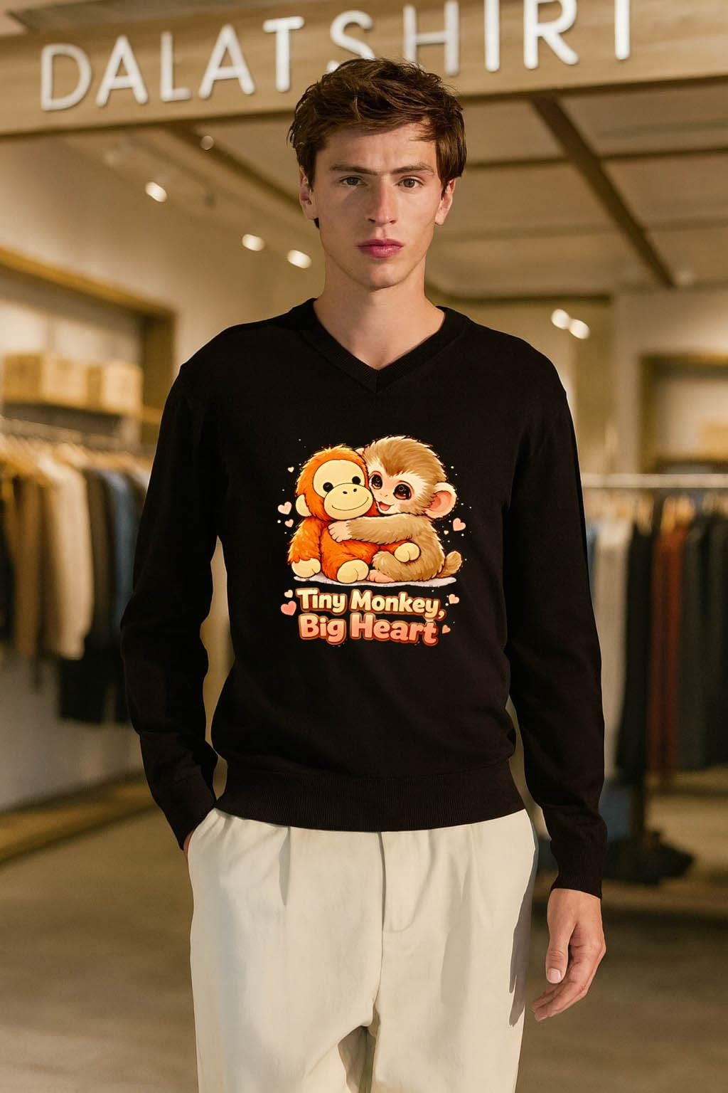Tiny Monkey Big Heart brown monkey hugging orange monkey shirt