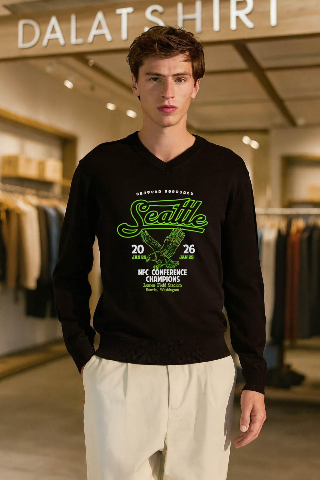 Seattle Football Script Hawk Logo 2026 NFC Conference Champions shirt