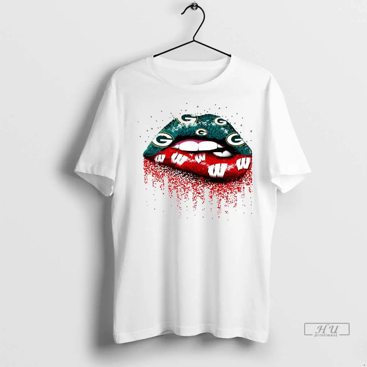 Trending Green Bay Packers And Wisconsin Badgers Lips Falling Hearts T Shirt
