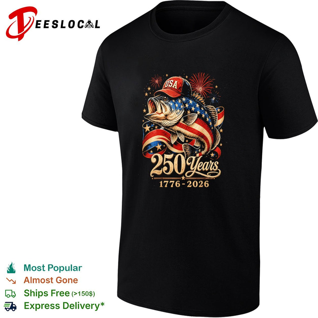 USA 250 Years 1776 2026 Bass Fishing Patriotic Fireworks American Flag shirt