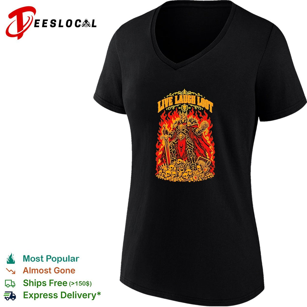 Undead skeleton knight warrior fantasy armor treasure live laugh loot shirt