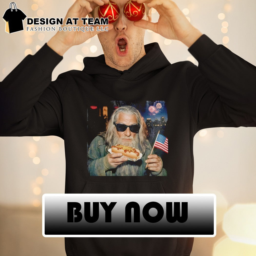 Wizard in sunglasses holds chili dog and American flag on a Patriotic 4th of July shirt