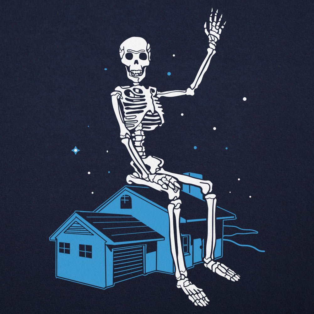 Giant Skeleton Waving from Rooftop of a House