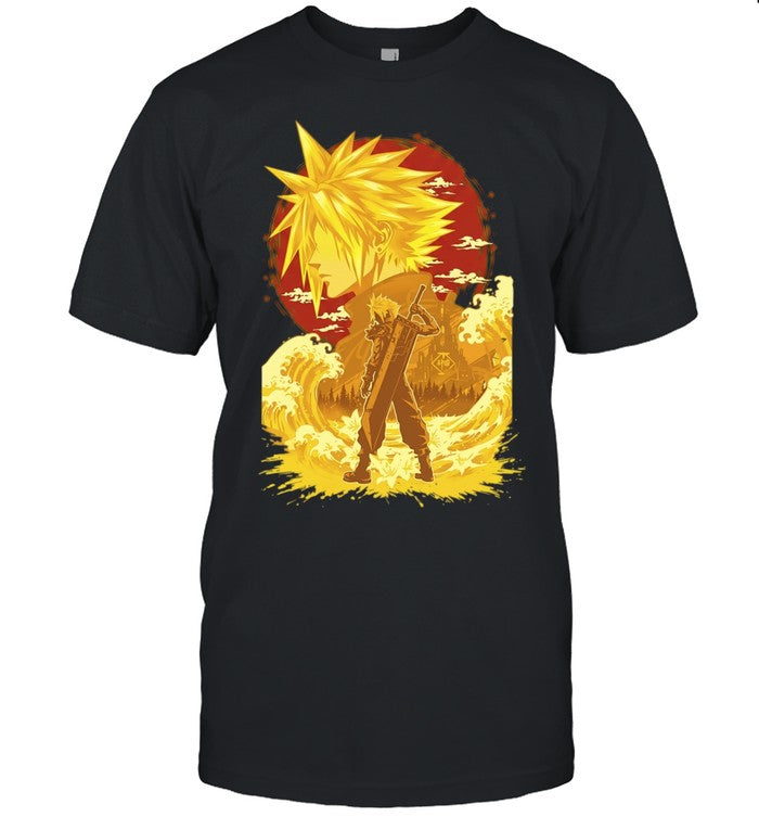 Cloud Strife Final Fantasy VII Shinra building with sword and lily flower video game Shirt