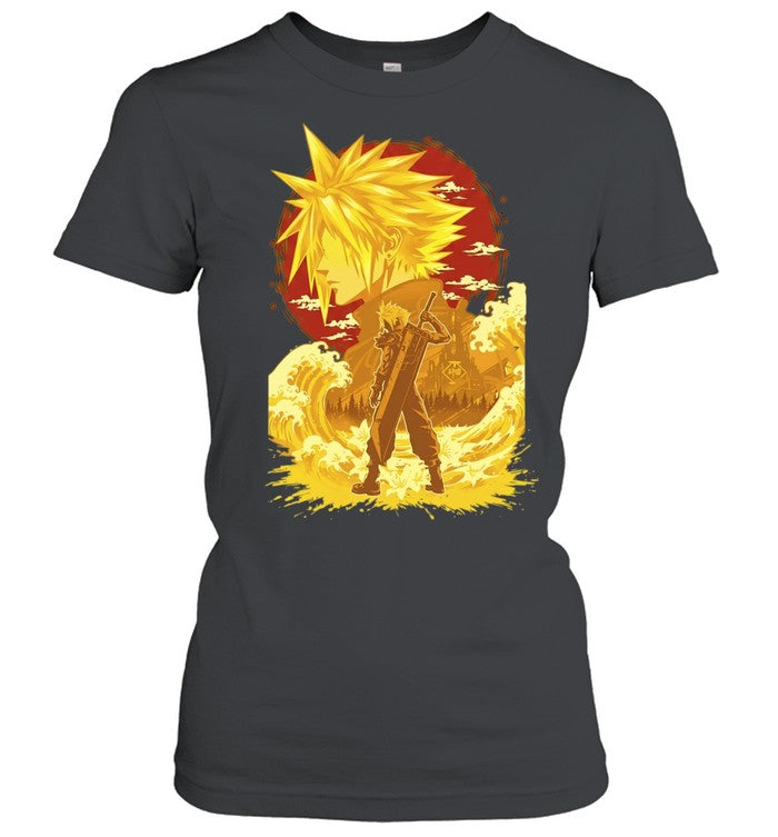 Cloud Strife Final Fantasy VII Shinra building with sword and lily flower video game Shirt