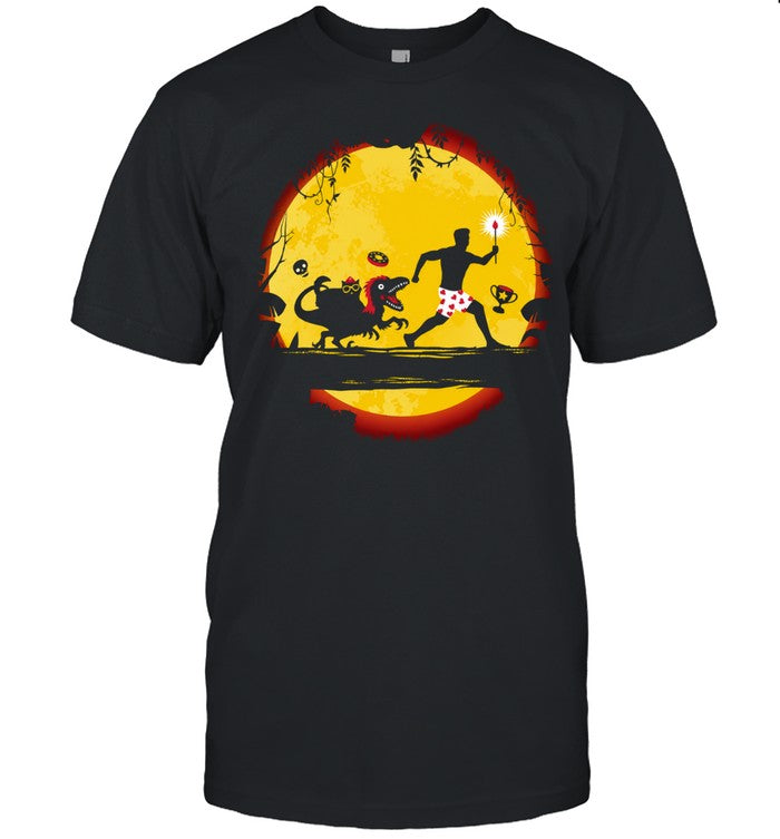 Man in Heart Boxer Shorts Running from Raptor with Cat and Donut Shirt