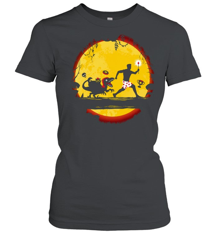 Man in Heart Boxer Shorts Running from Raptor with Cat and Donut Shirt