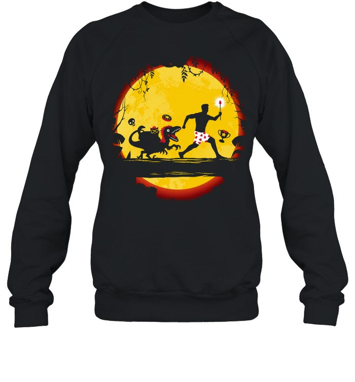Man in Heart Boxer Shorts Running from Raptor with Cat and Donut Shirt