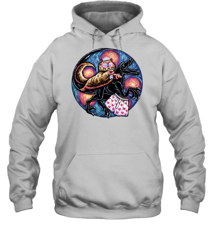 Persian cat riding velociraptor wearing heart boxers and crown Shirt