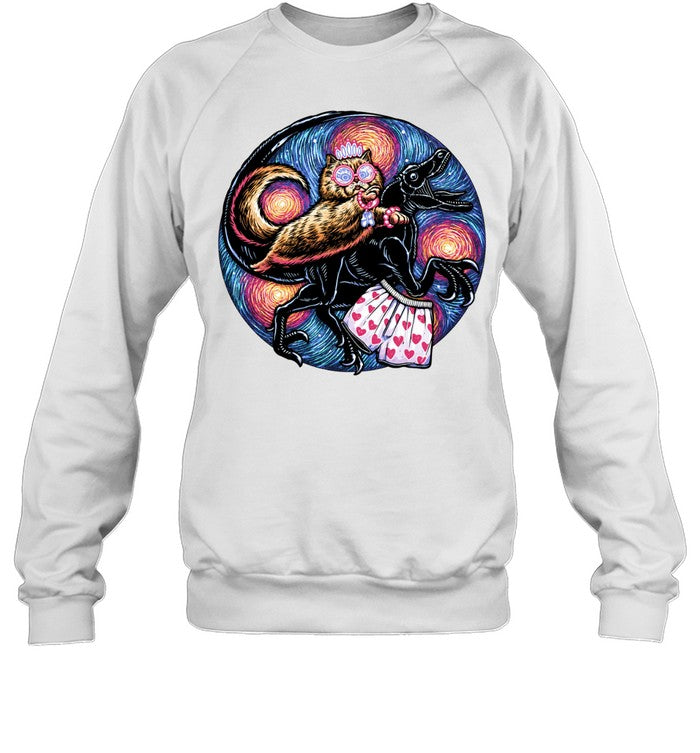 Persian cat riding velociraptor wearing heart boxers and crown Shirt