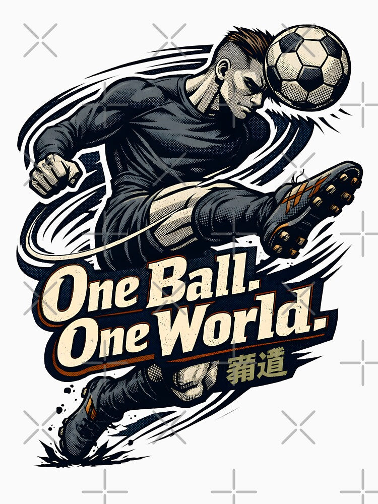 Dynamic Anime Soccer Player Action Art - One Ball One World Global Football Unity Illustration - Intense Striker Mid-Air Kick Manga Style Graphic - Sport Motivation and World Cup Spirit by Vivaan Studio