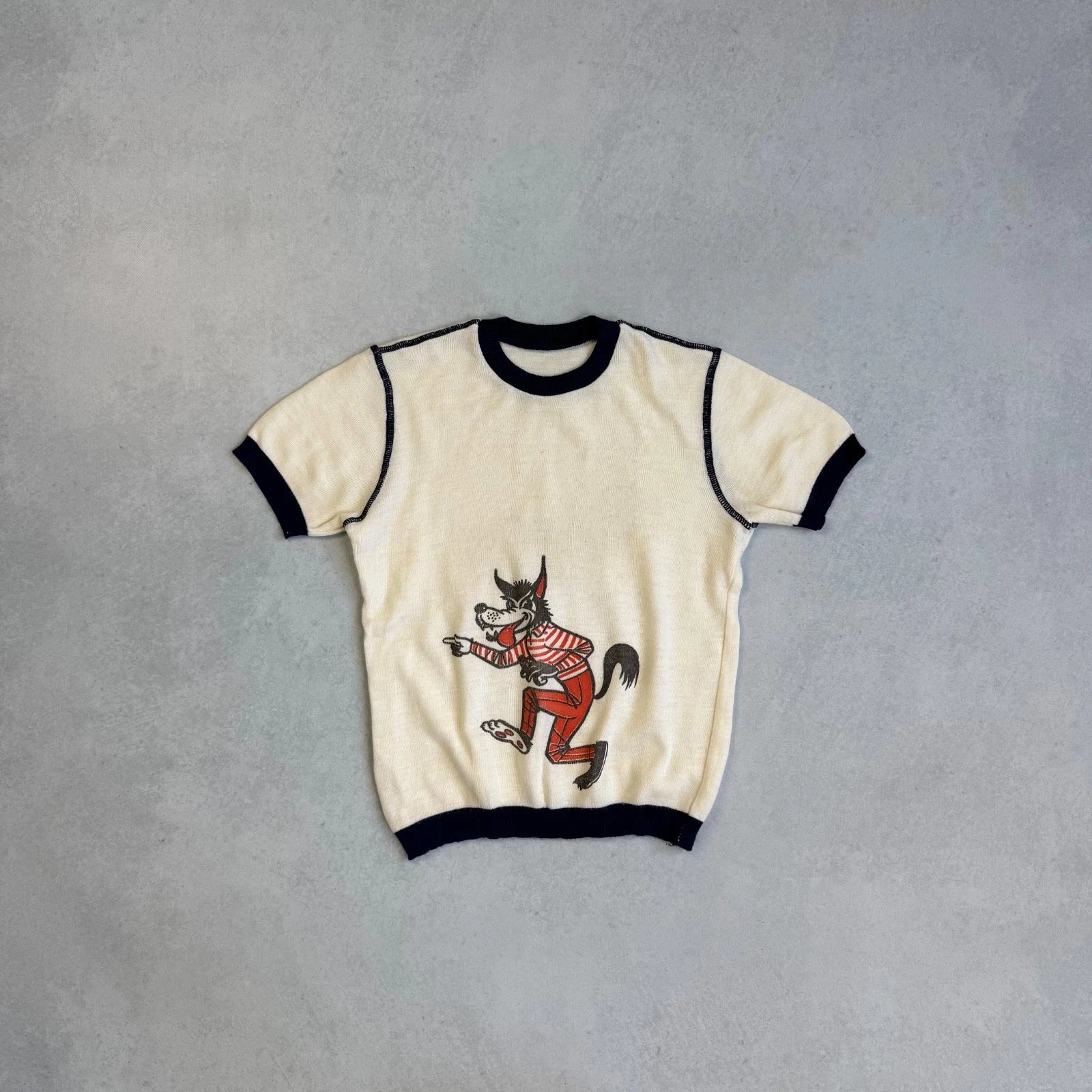 VINTAGE 60's ACKERMANN BIG BAD WOLF CARTOON ACRYLIC KNIT TEE T-SHIRT YOUTH 164CM