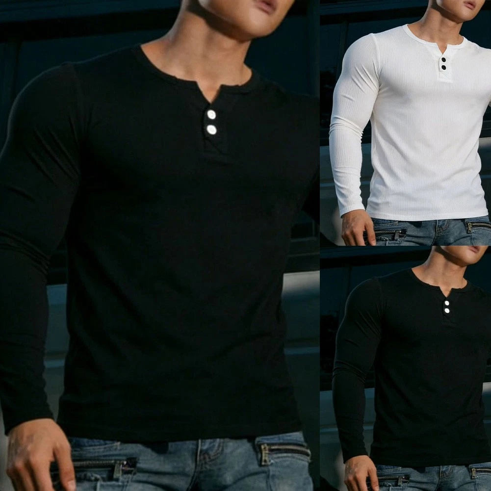 Long Sleeve V Neck T-Shirt for Men Slim Fit Solid Casual Top Polyester Spandex