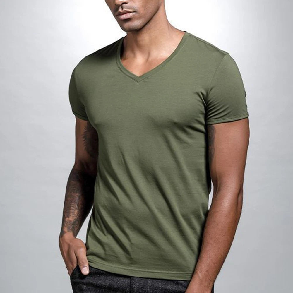 Hipster Fashion V Neck T Shirt for Men Low Cut Comfortable Short Sleeve