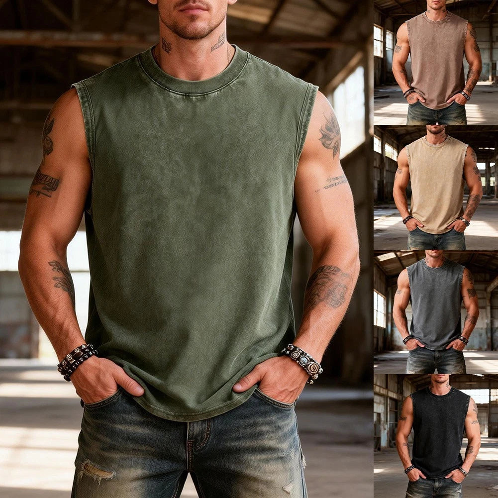 Gym Vest Men Cotton Tank Soft Washed Round Neck Loose Fit Regular Length