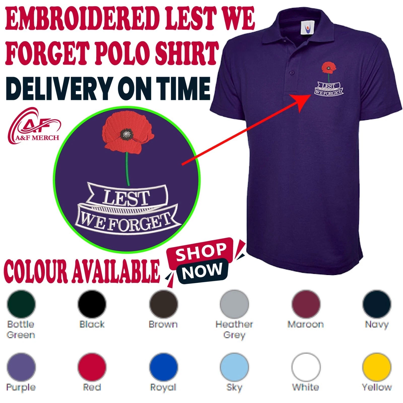 Lest We Forget Embroidered Polo Shirt Remembrance Day Poppy Flower Soldier Armed