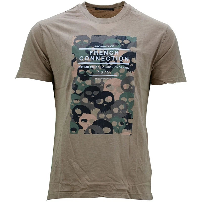 FCUK Mens T Shirts Camouflage Skull Printed Crew Neck Casual Summer Beige Tee