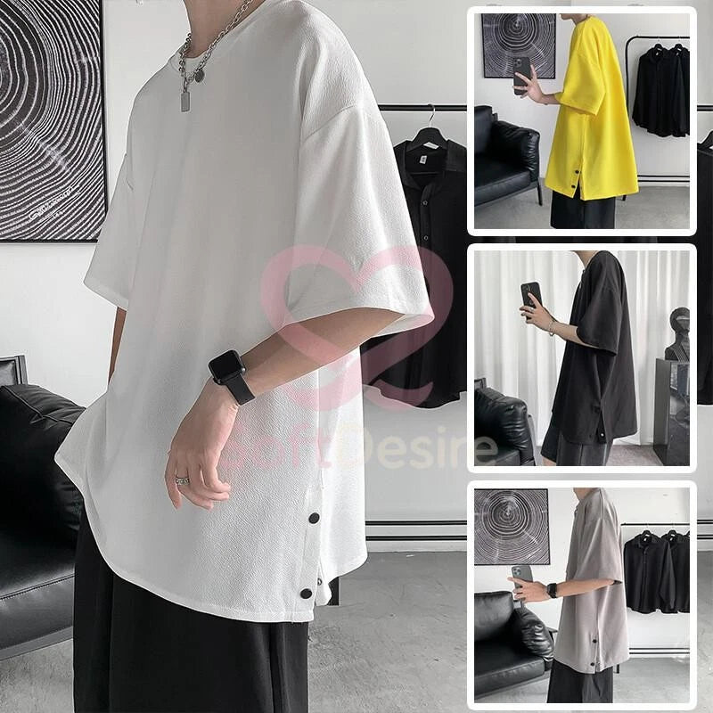 Summer Men's Loose Simple Casual Slit Round Neck Short Sleeve T-Shirt Top