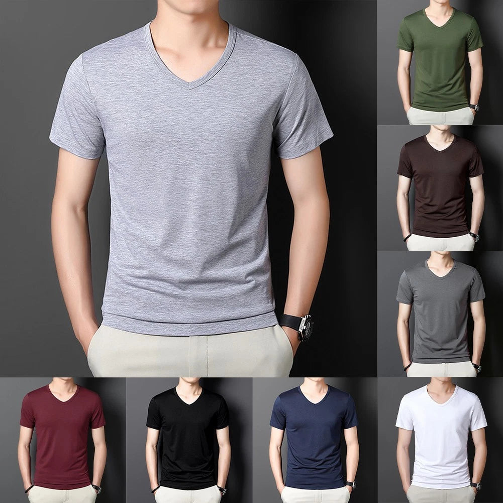 Men V Neck T-Shirt Short Sleeve Tee Casual Wear Layering V Neck Short Sleeve