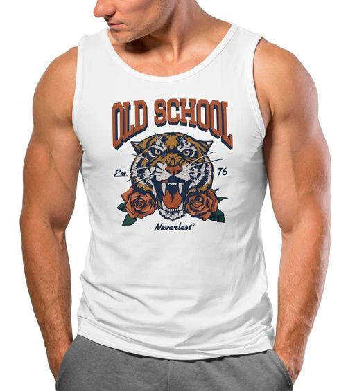 Mens Tank Top Print Tiger Roses Old School Retro Vintage Muscle Shirt