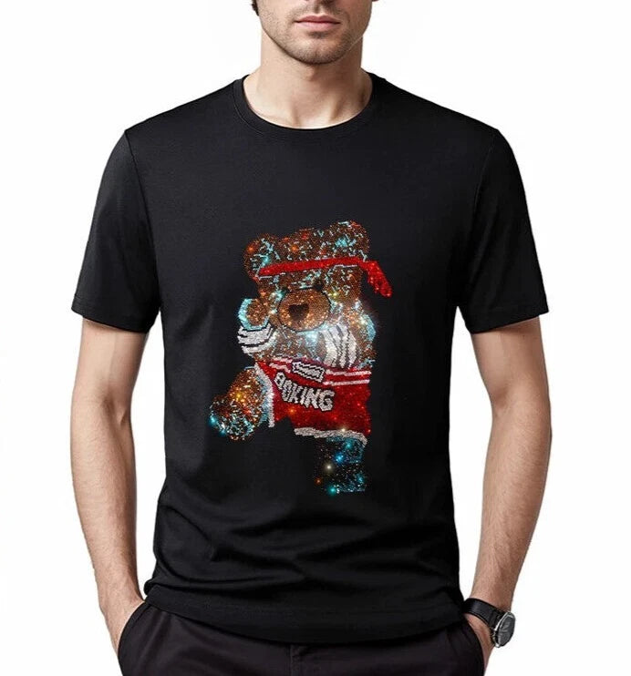 New Men Fashion Diamond Rhinestones Bear Luxury T-Shirt High Quality