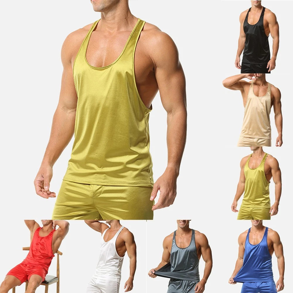 Men Sleeveless Tank Top Glossy Oil Shiny Gym Shirt Sports Running Vest