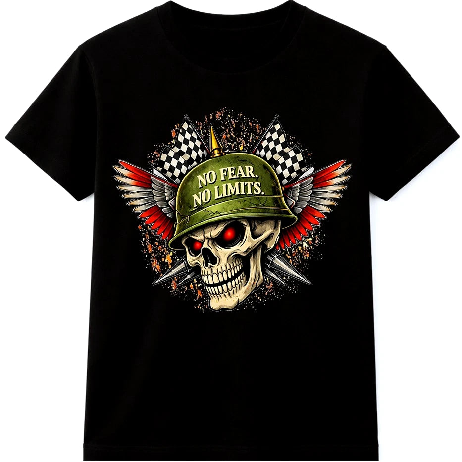 No Fear No Limits Skull Racing Helmet Wings Motocross Biker Graphic T-Shirt.