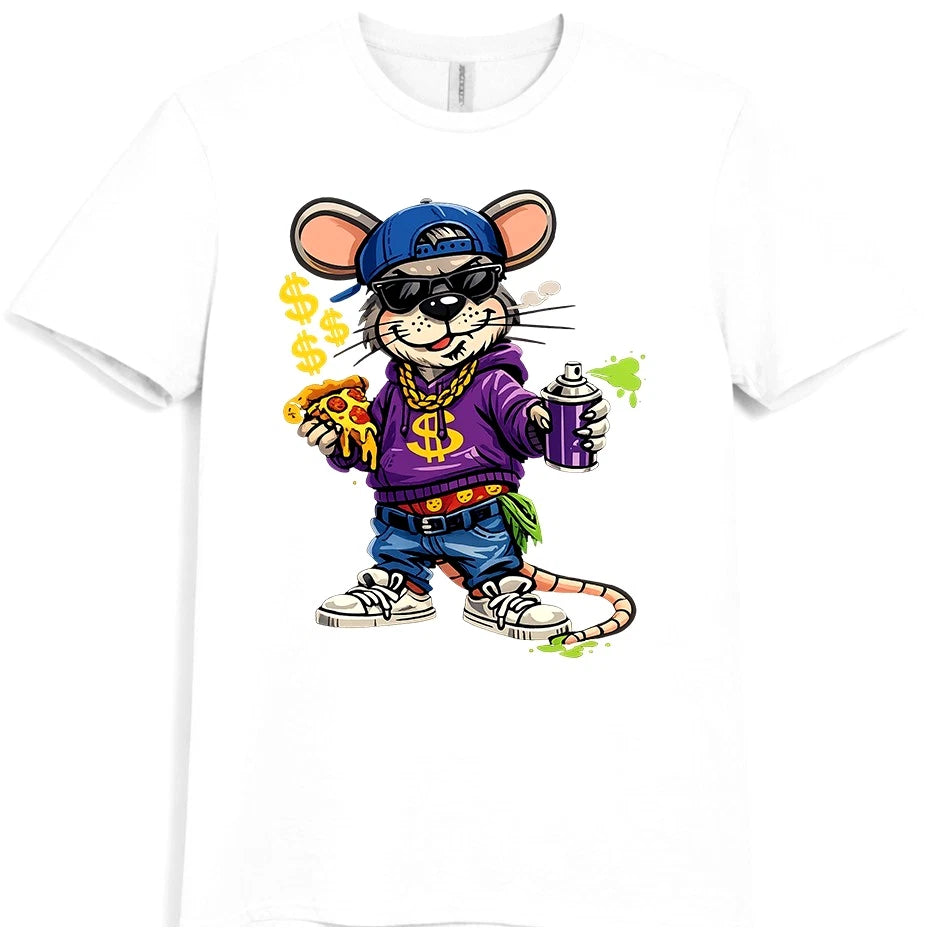 Hip Hop Rat Mouse Street Style Pizza Cartoon Funny Graphic T-Shirt.
