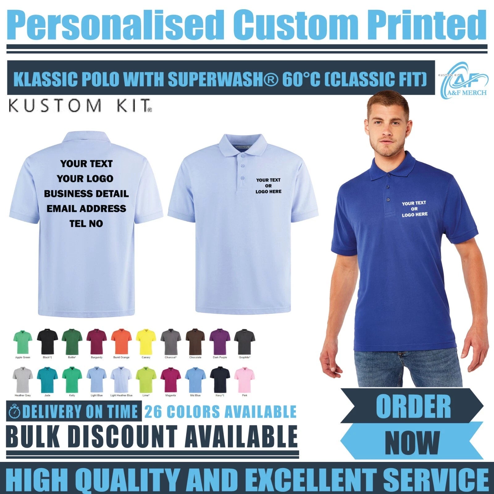 Personalised Custom Printed Kustom Kit Klassic Polo Your Text Super Wash Casual