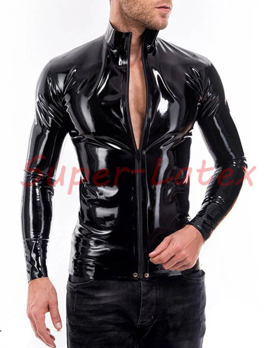 Men Latex Top High NECK Front Zip Latex t-shirt