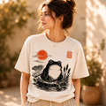 Japanese Pond Frog T Shirt, Ink Lotus Graphic Tee
