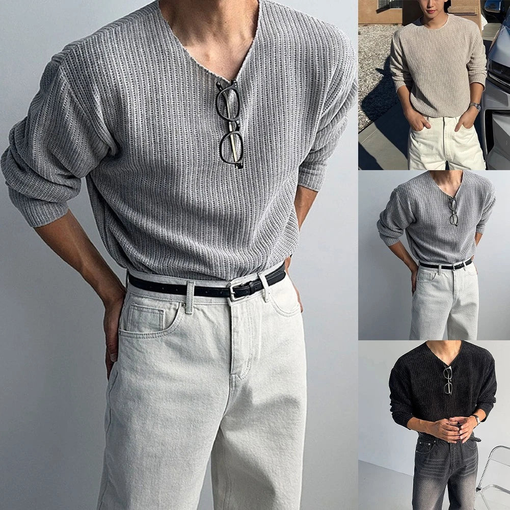 Korean Style Men Loose Fit Long Sleeve Casual Knit T Shirt Plain Streetwear